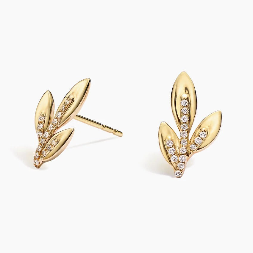 14K Gold Leaf Shaped Diamond Pavé Stud Earrings