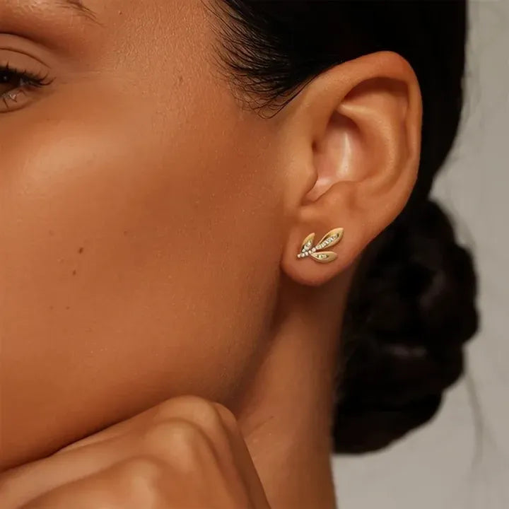 14K Gold Leaf Shaped Diamond Pavé Stud Earrings