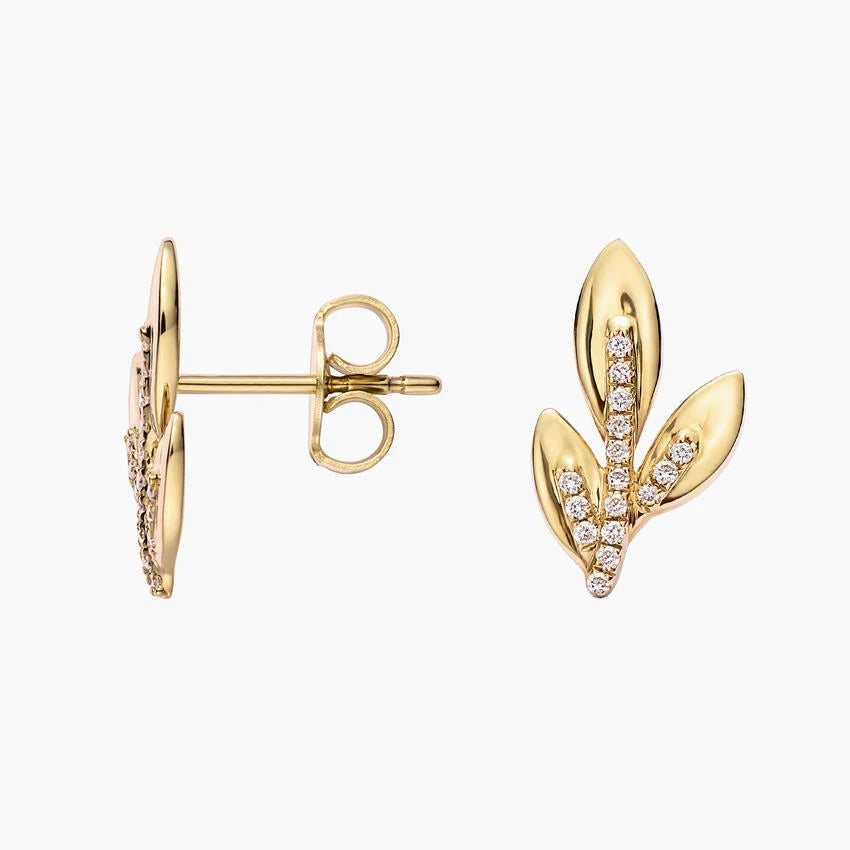 14K Gold Leaf Shaped Diamond Pavé Stud Earrings