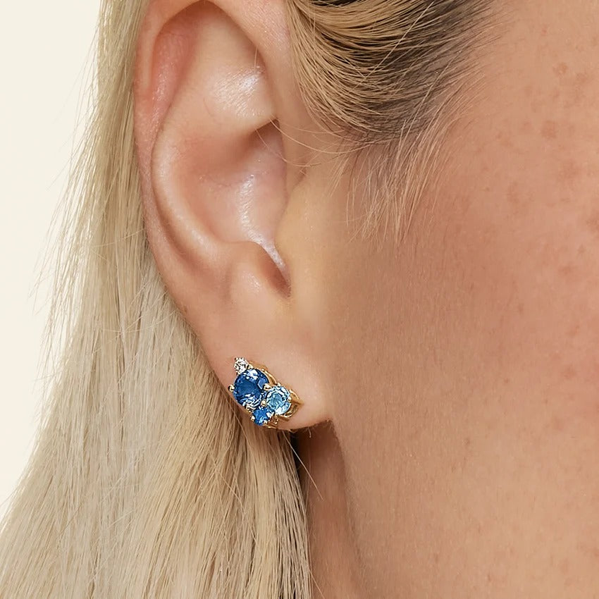14K Gold Multi Colored Sapphire Cluster Stud Earrings