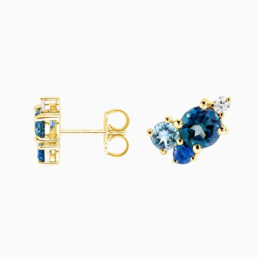 14K Gold Multi Colored Sapphire Cluster Stud Earrings