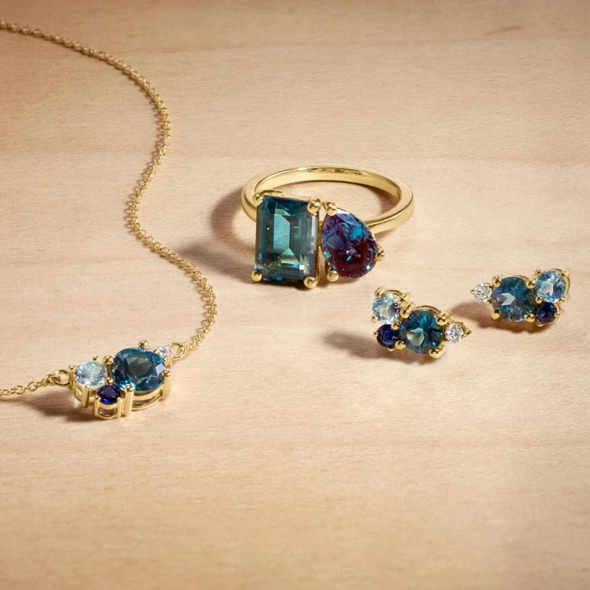 14K Gold Multi Colored Sapphire Cluster Stud Earrings