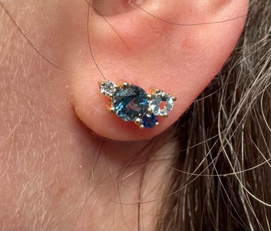 14K Gold Multi Colored Sapphire Cluster Stud Earrings