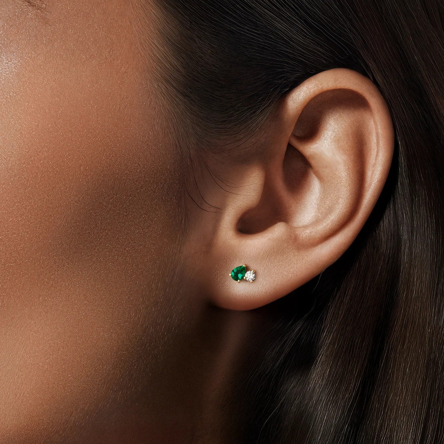 14K Gold Pear Shaped Emerald and Diamond Stud Earrings