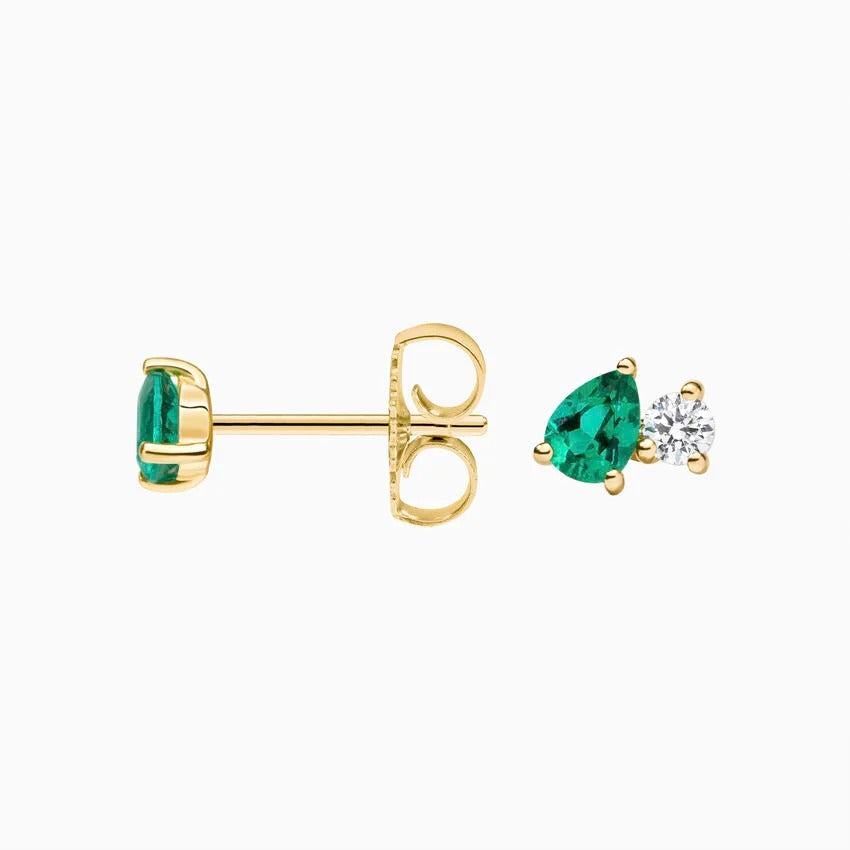 14K Gold Pear Shaped Emerald and Diamond Stud Earrings