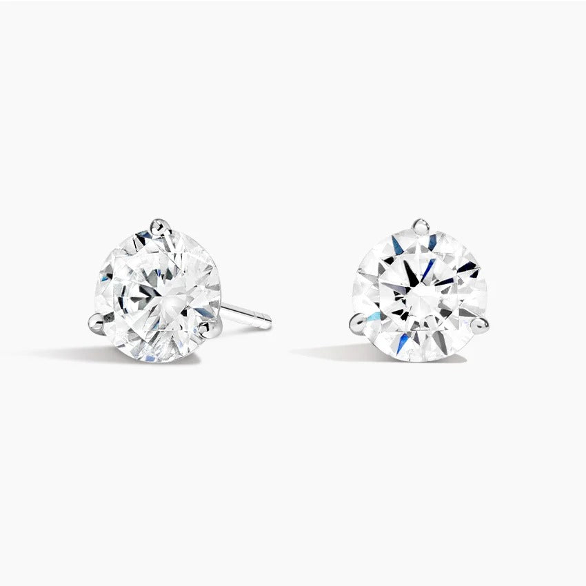 14K White Gold Three Prong Round Diamond Stud Earrings