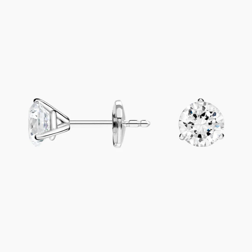 14K White Gold Three Prong Round Diamond Stud Earrings